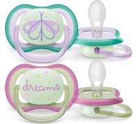 Philips Avent Sucettes Ultra Air - 2x sucettes légères, perméables à l'air, luminescentes dans le noir, pour 0-6 mois, sans bisphénol A, étui de stérilisation inclus (modèle SCF376/19)