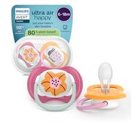 Philips Avent Sucettes ultra air - Orthodontiques, pour bébés de 6 à 18 mois, tétine souple symétrique en silicone, sans BPA, avec étui de stérilisation, lot de 2, SCF080/27