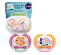 Philips Avent Sucettes ultra air - Tétines orthodontiques souples, pour bébés de 6 à 18 mois, en silicone d'origine végétale, sans BPA, avec étui de stérilisation, lot de 2, SCF080/27