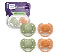 Philips Avent sucettes ultra-douces - Tétines orthodontiques, pour bébés à partir de 18 mois, collerette souple, en silicone ultra-ferme d'origine végétale, sans BPA, lot de 4, SCF093/07