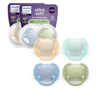 Philips Avent Sucettes ultra-douces - Tétines orthodontiques, pour bébés de 0 à 6 mois, collerette souple, en silicone d'origine végétale, sans BPA, avec 2 étuis de stérilisation, lot de 4, SCF091/50