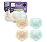 Philips Avent sucettes ultra-douces - Tétines orthodontiques, pour bébés de 0 à 6 mois, collerette souple, en silicone d'origine végétale, sans BPA, avec 2 étuis de stérilisation, lot de 4, SCF091/49