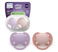 Philips Avent Sucettes ultra-douces - Tétines orthodontiques, pour bébés de 6 à 18 mois, collerette souple, en silicone d'origine végétale, sans BPA, avec étui de stérilisation, lot de 2, SCF091/43