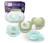 Philips Avent Sucettes Ultra-Soft jour/nuit - forme orthodontique, bébés 0-6 mois, phosphorescentes, téterelle symétrique en silicone, sans BPA, étuis de stérilisation, pack de 4, modèle SCF094/09