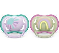 Philips Avent ultra air sucettes - pack de 2, sucettes sans BPA, respirantes, pour bébés de 0 à 6 mois, boîte de transport et de stérilisation incluse, violet/vert (modèle SCF085/59)