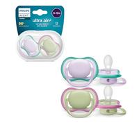 Philips Avent ultra air Sucettes, sucettes légères et aérées pour bébés âgés de 0 à 6 mois, 0% BPA, avec étui de transport stérilisateur, pack de 2, modèle SCF085/24