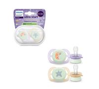 Philips Avent Sucettes de nuit ultra start, Tétines orthodontiques, pour nouveau-nés, phosphorescentes, en silicone souple d'origine végétale, sans BPA, avec étui de stérilisation, lot de 2, SCF075/17