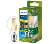 PHILIPS Bombilla LED clásica, UltraEfficient, 60W, 840Lm, A60, E27 2700K, cristal transparente, regulable