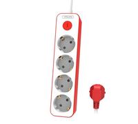 Philips CHP2145R Bloc d'alimentation à 4 prises, bloc d'alimentation 1 500 W, câble d'alimentation tressé de 1,5 m haute résistance, fermeture de sécurité (indicateur LED Prot) Blanc / Rouge