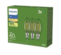Philips Classic ultra-efficient LED ampoule classe énergétique A, équivalent 40W, culot E27, candle, clair, éclairage blanc chaud (2700K), 3-pack, nouvelle génération