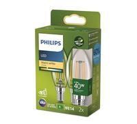 Philips Classic ultra-efficient LED ampoule classe énergétique A, équivalent 40W, culot E27, candle, clair, éclairage blanc chaud (2700K), 2 pack, nouvelle génération