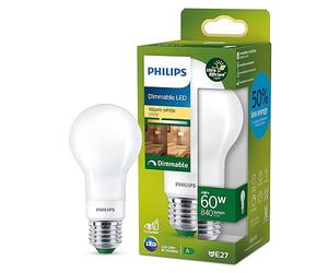 Philips Classic ultra-efficient LED ampoule quivalent 60W, culot E27, matt, éclairage blanc chaud (2700K), dimmable, ancienne génération