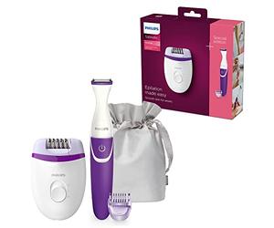 Philips Coffret d'épilation Corps et Maillot 4 accessoires, avec Epilateur électrique Satinelle Essential, Tondeuse Bikini, Sabot 3mm et Pochette de luxe (modèle BRP505/00)