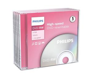 Philips DVD-RW High-Speed (4,7 Go / 120 Minutes de vidéo, Vitesse 1-4x, Jewel Case 5 pièces, rewritable / réinscriptible)