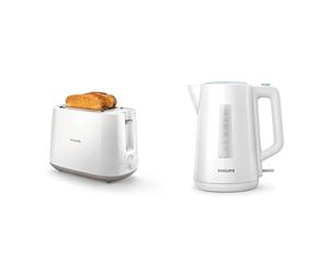 Philips Grille-pain - 2 Fentes, 8 Réglages, Réchauffe-Viennoiseries, Décongélation, Surélévation, Blanc & Philips Bouilloire Électrique - 1.7 L, Couvercle à Ressort et Voyant Lumineux, Socle 360°