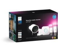 Philips Hue Secure, Kit de Démarrage avec 1 Caméra Filaire Sécurisée Blanche, 2 Capteurs de Contact Sécurisés Blancs, 2 Ampoules Connectées White and Color Ambiance, 1 Pont, Facile à Installer