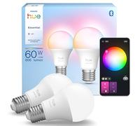 Philips Hue Essential Lot de 2 ampoules LED intelligentes A60, blanc et couleur, culot B22, 8 W, 2200 K-6500 K, 806 lumens, à intensité variable, fonctionne avec Alexa, Google Assistant et Apple Home