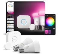 Philips Hue Kit de démarrage : Bridge + 2 spots E27 + Smart Button, White and Color Ambiance, Smart Light Hub, Ampoule connectée compatible Apple Home, Alexa, Google Assistant, Samsung SmartThings