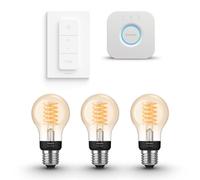 Philips Hue Kit de démarrage - E27 - avec 3 Ampoules standard à filament (A60) - Lumière blanche chaude - Comprend 1 Hue Bridge, 1 Variateur de lumiere Hue - Hue White Filament