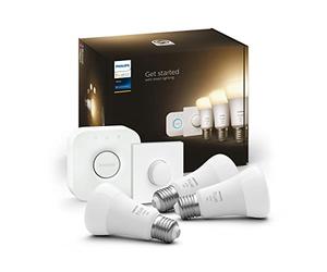 Philips Hue Kit de démarrage White : 3 Ampoules LED Intelligentes et connectées E27, Pont de Connexion, Bouton Smart Hue, Compatible Bluetooth, Alexa, Google Assistant, Apple HomeKit