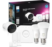Philips Hue Secure, Kit de Démarrage avec 1 Caméra Filaire Sécurisée Blanche, 2 Capteurs de Contact Sécurisés Blancs, 2 Ampoules Connectées White and Color Ambiance, 1 Pont, Facile à Installer