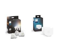 Philips Hue White Ambiance, ampoule LED connectées GU10 4.3W compatible Bluetooth, Lot de 3, fonctionne avec Alexa, Google Assistant et Apple Homekit & Module d'interrupteur mural