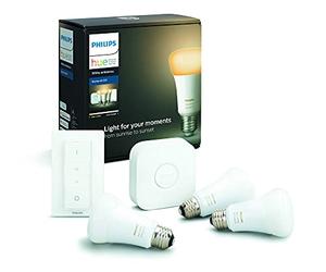 PHILIPS Hue White Ambiance Kit de démarrage composé de 3 ampoules LED connectées E27 Bluetooth, d’un pont Hue et d’un interrupteur permettant de varier l’intensité lumineuse