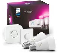 Philips Hue White and Color Ambiance, Kit de démarrage 2 ampoules connectées E27, 1100 lm, Pont et télécommande, compatible Bluetooth, fonctionne avec Alexa, Google Assistant et Apple Homekit