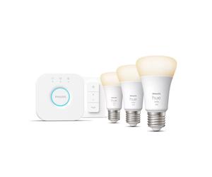 Philips Hue White Kit de démarrage, lot de 3 avec pont et interrupteur avec variateur E27, 2700 K, 9,5 W, 8719514289130, A60