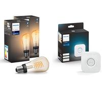 Philips Hue White, lot de 2 ampoules connectées filament format Edison, compatible Bluetooth + pont de connexion, fonctionne avec Alexa, Google, et Apple Homekit