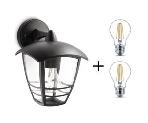 PHILIPS Lanterne murale extérieure en Aluminium noir + Lot de 2 ampoules LED Classic 60W