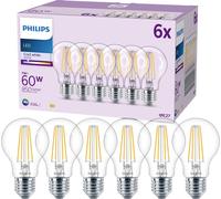 Philips pack de 6 ampoules LED E27, 60W, transparentes, 4000K, blanc froid, verre