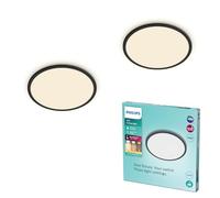 Philips LED Salle de bain Plafonnier Superslim, noir, 18W, lumière blanc chaud 2.700K, 3 réglages de lumière - variateur d'intensité sans gradateur, protection IP44, pack de deux