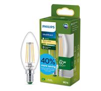 Philips LED UltraEfficient Ampoule Filament Claire B35 Bougie, Petit Culot Edison E14, Classe Énergétique A, 806 lm, Équivalent 60W, Blanc Chaud (2700K), EyeComfort, 50 000 Heures, 1 Pack