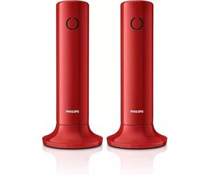 Philips M4502B/34-2 téléphones sans Fil Fixes Duos, écran LCD 1,6 Pouces, rétroéclairage, Haut-Parleur intégré, Mains Libres, Son HQ, Mince et Compact - Rouge (Compatible : ES, IT, FR)