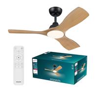 Philips Olas Ventilateur de Plafond avec Lumière LED, 3 Pales, 107 cm de Diamètre, 2650 Lumens, Lumière Blanche Réglable de 3000 à 6500 K, Variable jusqu'à 5%, avec Télécommande, Noir/Bois