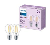Philips pack de 2 ampoules LED E27, 60W, transparentes, 4000K, blanc froid, verre