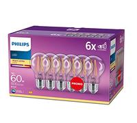 Philips, pack de 6 ampoules E27 LED transparentes 60W, blanc chaud