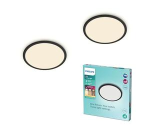 Philips Plafonnier LED Superslim pour salle de bains, noir, 15W, lumière blanc chaud 2.700K, 3 réglages de lumière - variateur sans gradateur, protection IP44, pack de deux
