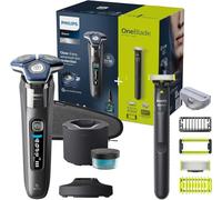 Philips Shaver S7000 - Rasoir électrique Wet & Dry Chrome foncé avec technologie SkinIQ avec tondeuse rétractable, Quick Clean Pod et cartouche, lame Philips OneBlade (modèles S7887/78 et QI1864/20)