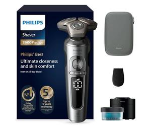 Philips Shaver S9000 Prestige, rasoir électrique Wet&Dry, chrome brillant, système de rasage Lift & Cut, technologie SkinIQ, tondeuse de précision, Quick Clean Pod, pochette premium, modèle SP9841/32