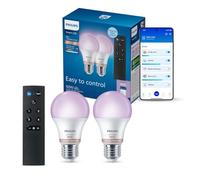 Philips Smart LED, Ampoule connectée LED A60, Avec Télécommande, Pack de 2 | Culot E27, LED RGB multicolore, 470lm, Lumière blanche + couleur réglable, 2200-6500K, Connexion WiZ, Alexa, Google & Apple
