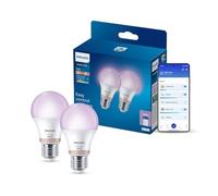 Philips Smart Lighting Ampoule Intelligente, A60, E27, RVB, Pack de 2 | Lumière Couleur et Blanc Réglable 2200-6500 K, Smart LED, 806 lm, Gradation Faible, Connected by WiZ, Maison Intelligente