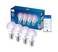 Philips Smart Lighting Ampoule intelligente, A60, E27, RVB, Pack de 4 | Lumière Couleur et Blanc Réglable 2200-6500 K, Smart LED, 806 lm, Gradation Faible, Connected by WiZ, Maison Intelligente