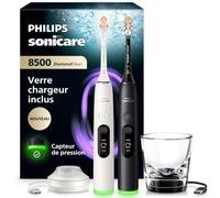 Philips Sonicare DiamondClean 8500 nouvelle génération - brosse à dents électrique avec capteur de pression, 18 réglages, coloris blanc poudré et noir, pack de 2, modèle HX8596/21