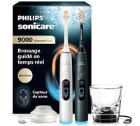 Philips Sonicare DiamondClean 9000 nouvelle génération - brosses à dents électriques avec capteur de zone, capteur de pression, 21 réglages, coloris blanc argent/vert profond, pack de 2, HX9216/89