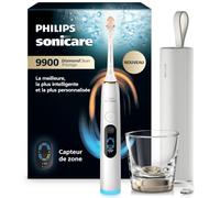Philips Sonicare DiamondClean 9900 Prestige nouvelle génération - brosse à dents électrique avec SenseIQ, capteur de zone, capteur de pression, 24 réglages, coloris blanc argenté, modèle HX9813/91