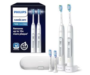 Philips Sonicare ExpertClean 7300 - Brosses à dents électriques avec technologie sonique, contrôle de pression, étui de voyage - Blanc et Blanc, Lot de 2, modèle HX9611/19