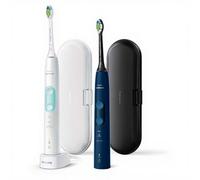 Philips Sonicare ProtectiveClean 5100 - Brosses à dents électriques avec 3 modes de brossage, capteur de pression, minuterie et étui de voyage, blanc et bleu, Lot de 2, modèle HX6851/34