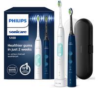 Philips Sonicare ProtectiveClean 5100 - Brosses à dents électriques avec 3 modes de brossage, capteur de pression, minuterie et étui de voyage, blanc et bleu, Lot de 2, modèle HX6851/34